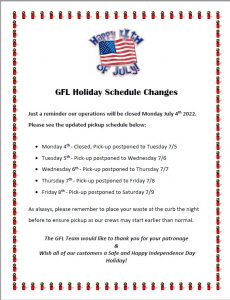 GFL Holiday Schedule