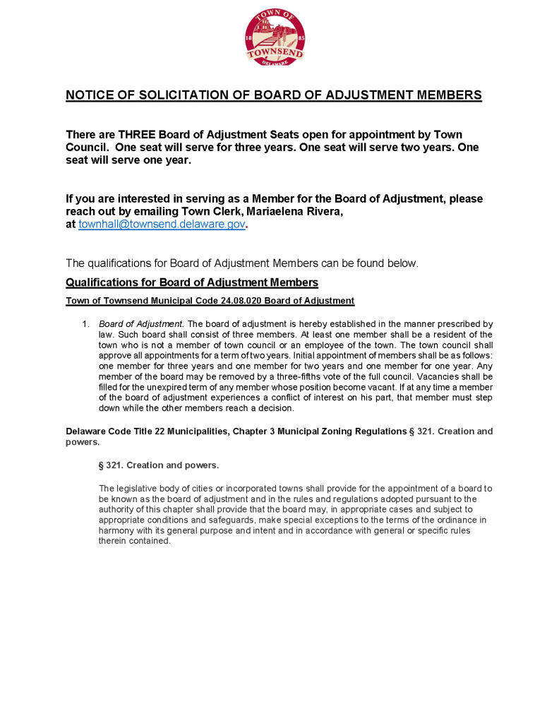 NOTICE OF SOLICITATION OF BOARD OF ADJUSTMENT MEMBERS