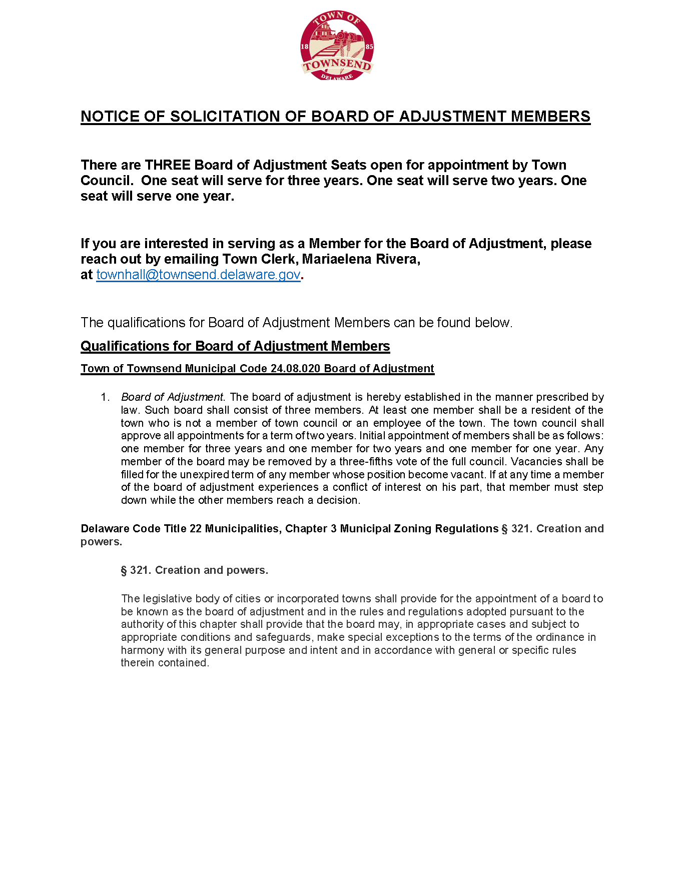 Solicitation for Board of Adjustment Members