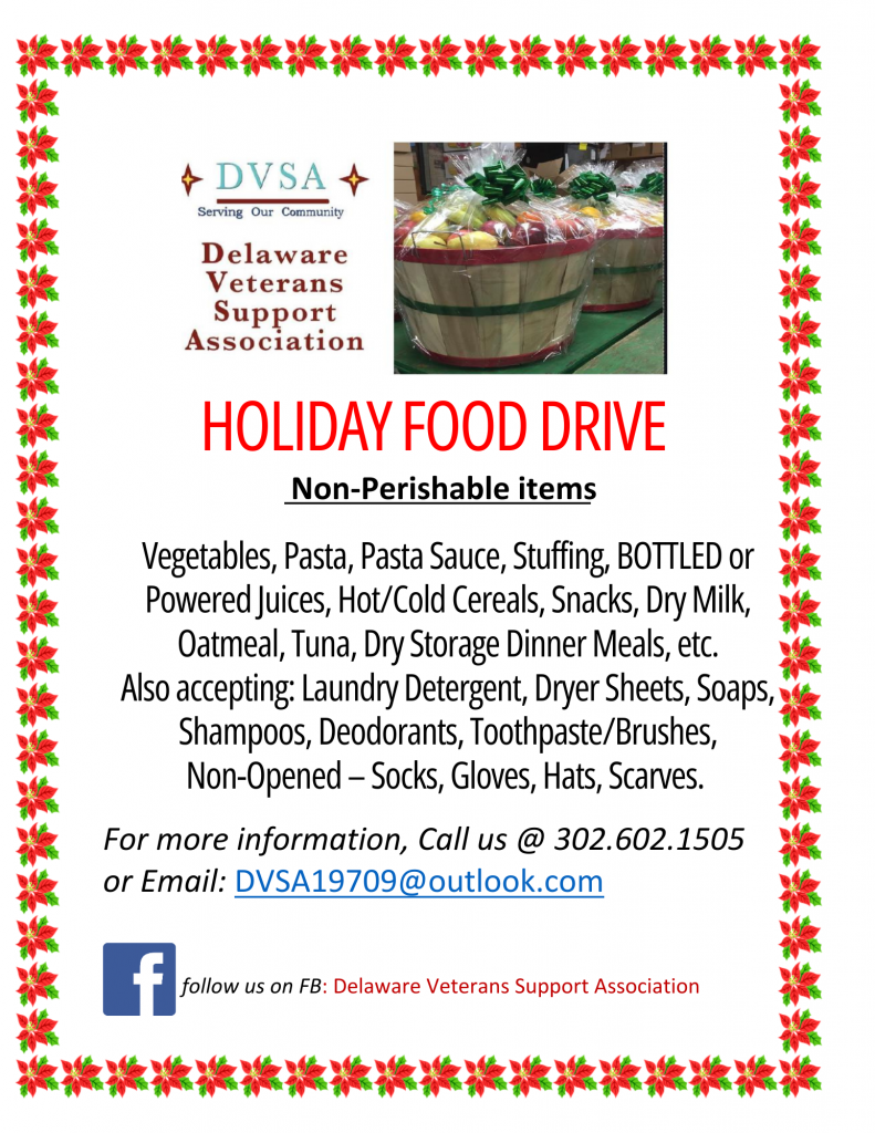 flyer for DSVA that lists acceptable items for their annual Holiday Food Drive. Items on list include most common non-perishable items.